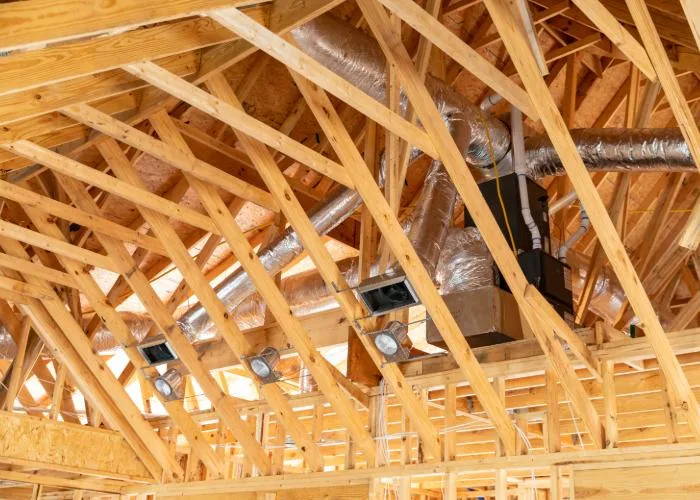 HVAC ductwork installed in the attic of a home under construction, featuring flexible insulated tubing and ventilation components within a wooden truss framework.