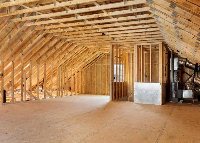 Spacious attic under construction with exposed wooden framing and an HVAC system installed for future climate control.